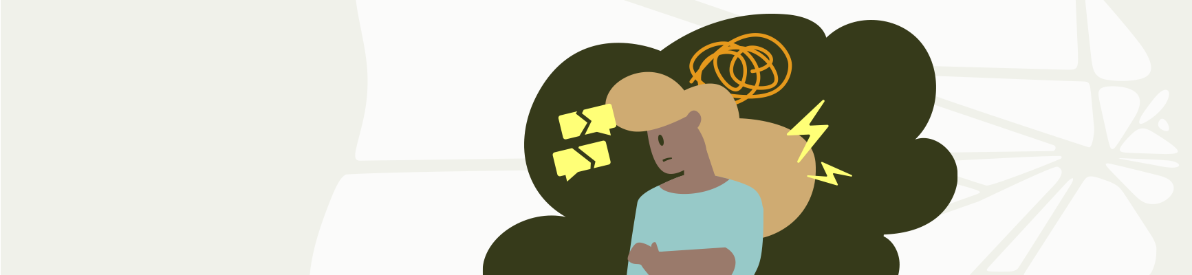 A graphic of someone looking down. Next to their head are speech bubbles with cracks through them, a swirl, and lightning bolts. Behind them is a green cloud and a cracked screen