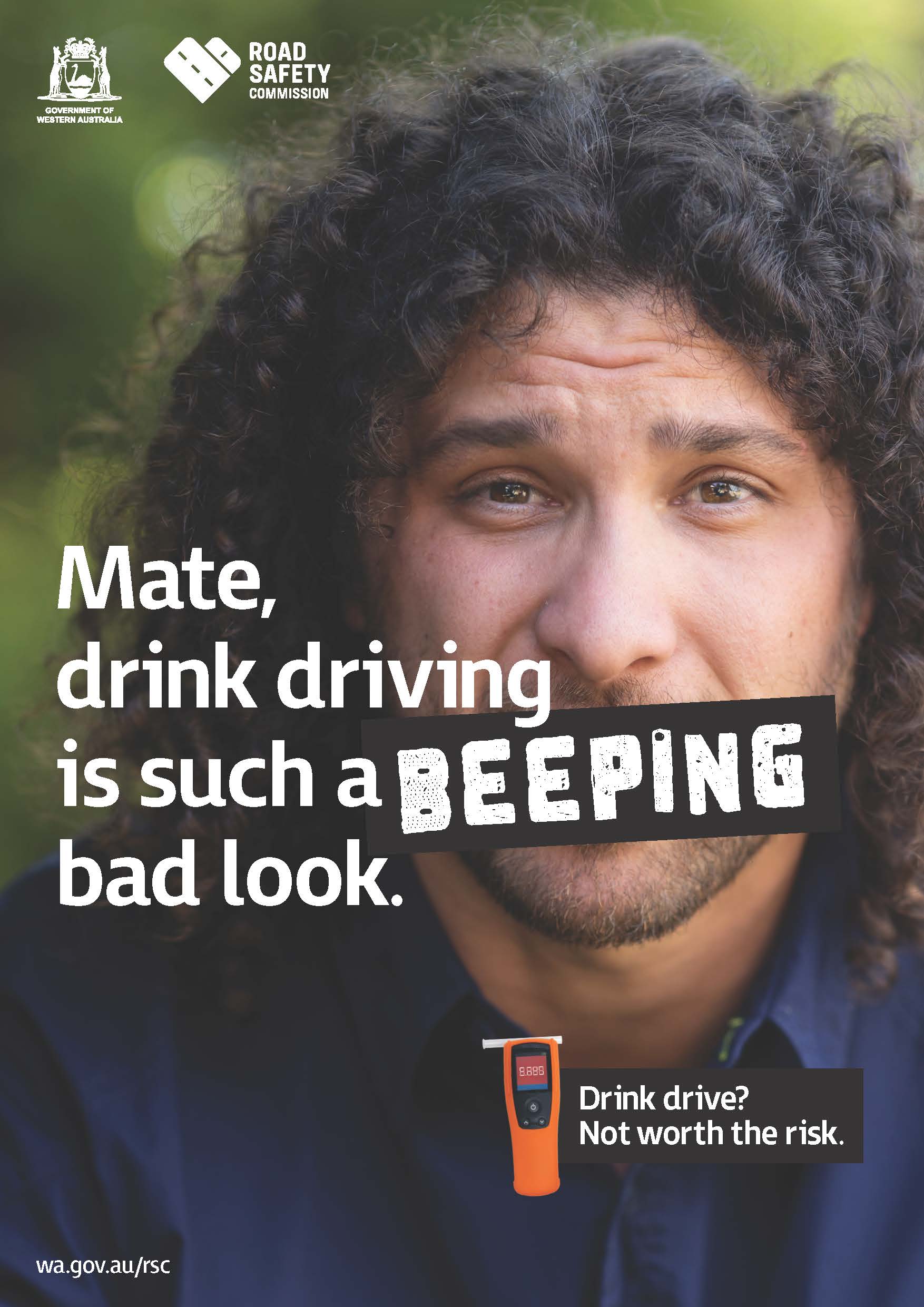 close up of a man's face with text 'mate, drink driving is such a beeping bad look'