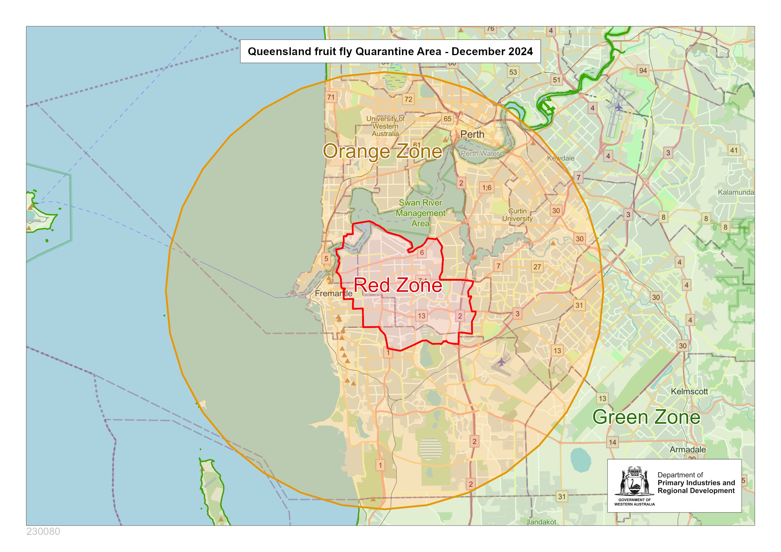 A map of Perth with a red  space surrounded by an orange circle.