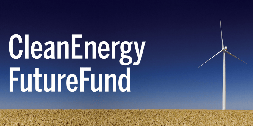 The words "Clean Energy Future Fund" on a background image of a wind turbine 