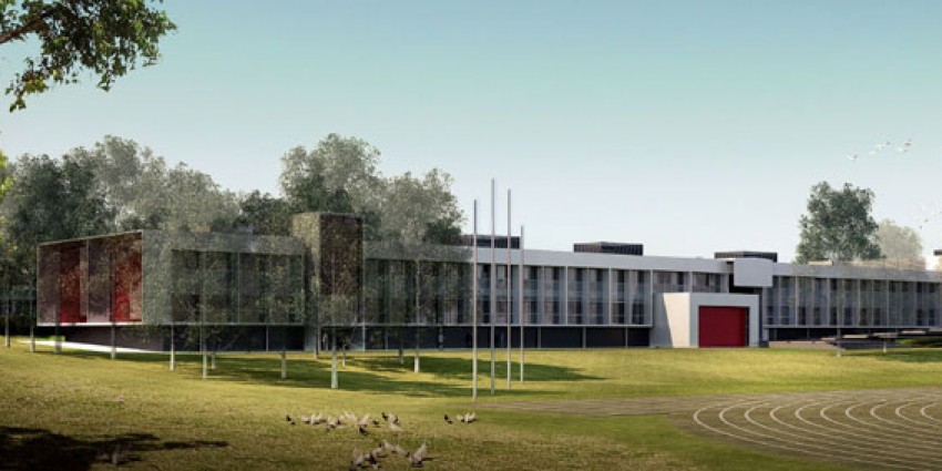 Artist impression with oval and school building.