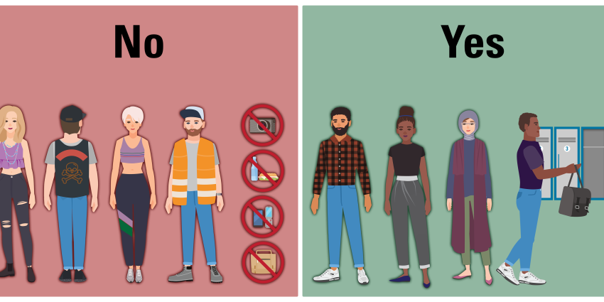 What you can wear to prison. A group of people wearing appropriate and unacceptable clothes.