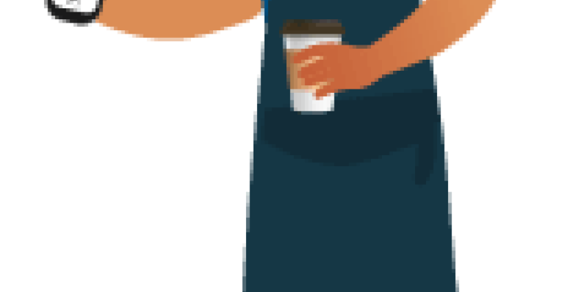 graphic - man holding a coffee cup and a mobile phone