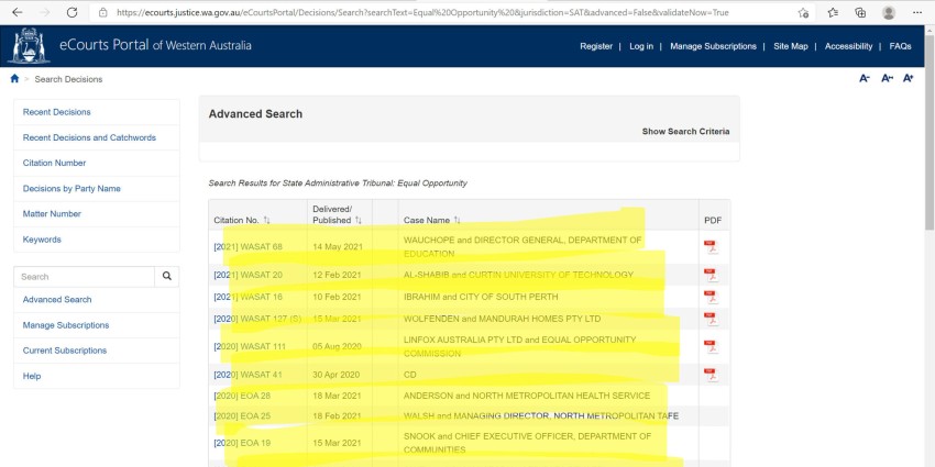 highlighted list of EO SAT decisions in eCourts Portal