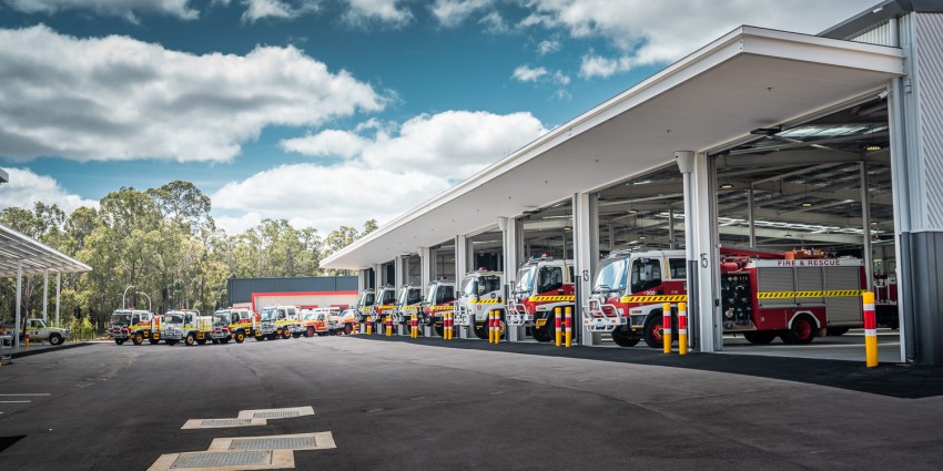 A dozen fire trucks an emergency services vehicles lined up at the new Koolinup centre on opening day 