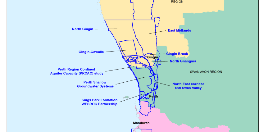 Map showing the locations of groundwater investigations in the Perth-Peel region