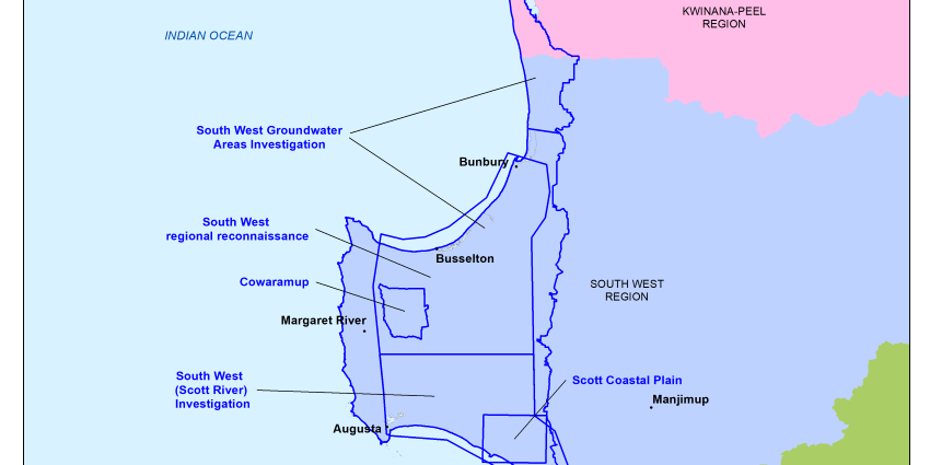 Map showing the locations of groundwater investigations in the South West region