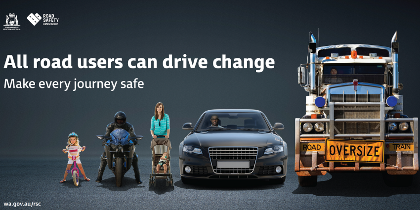 a child on a bike, a motorcyclist, car driver, and truck driver are all different types of road users