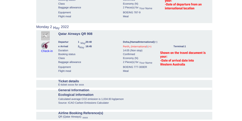 Example of travel itinerary and boarding pass