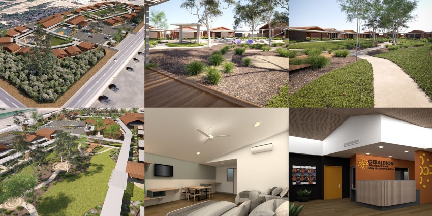 a collage of images which are artist impressions of the proposed Geraldton Short Stay accommodation. Includes arial view, bedroom, reception and gardens