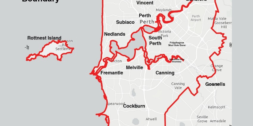 PSHB Quarantine Area Extension Map as of 21 Mar 2023. Boundary area includes most of the Perth metro and Rottnest Island.
