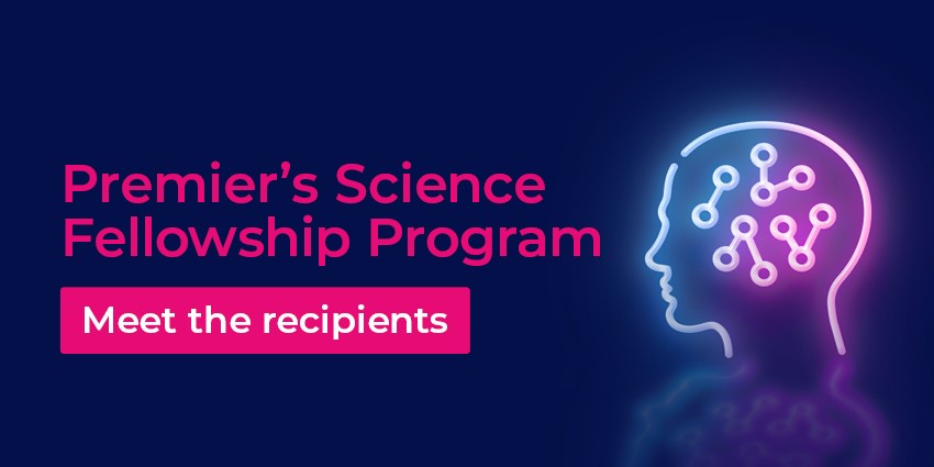 Premiers Science Fellowship Program graphic with a neon graphic outline of a head and brain 