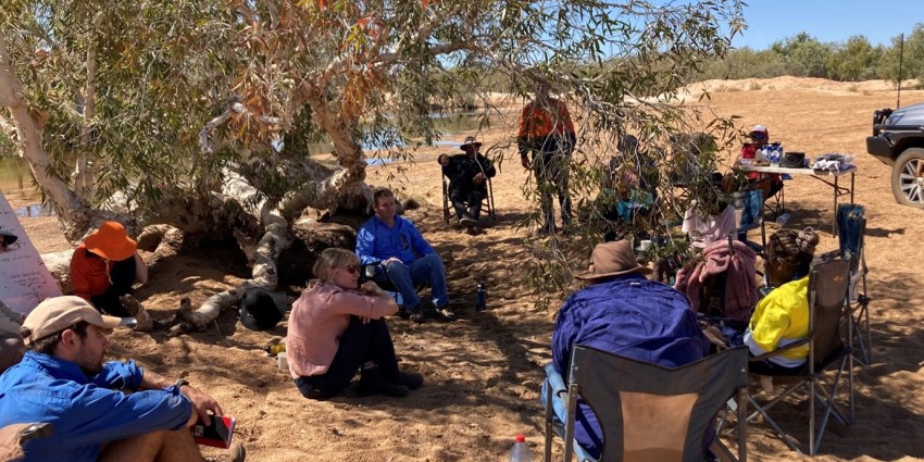 Pilbara Environmental Offsets Fund, DBCA and Terra Rosa team members, Budadee Rangers and Elders (including Stephen Stewart Snr and Irene Roberts) yarning on Country