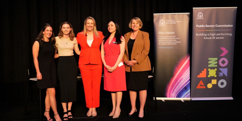 Group photo on the innovative future leaders stage. From left to right is MC Grace Murphy, MC Poppy Evans, Dr Catherine Ball, Meryl Shimmin and Director General Rebecca Brown 