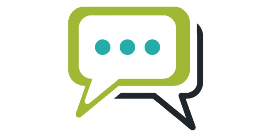 Green rectangle speech bubble with three teal coloured dots in the middle and black shadow underneath
