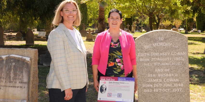 the Hon. Hannah Beazley with CEO Kathlene Oliver in front of Edith Cowan's headstone on the new Walking with Western Australian Women walk trail at Karrakatta Cemetery.