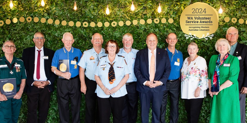 Group photo of WA volunteer service awards 2024 winners together with the Volunteering Minister Don Punch 
