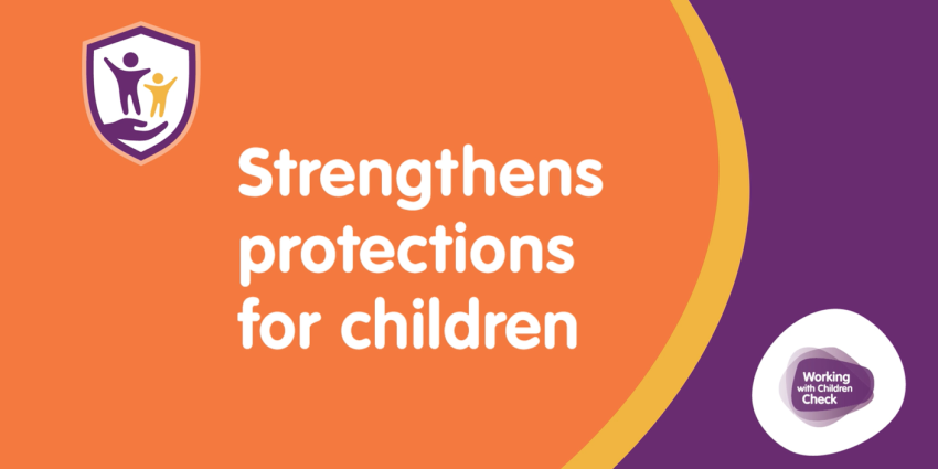 A colourful banner with the words Working with Children Check - Strengthens protections for children