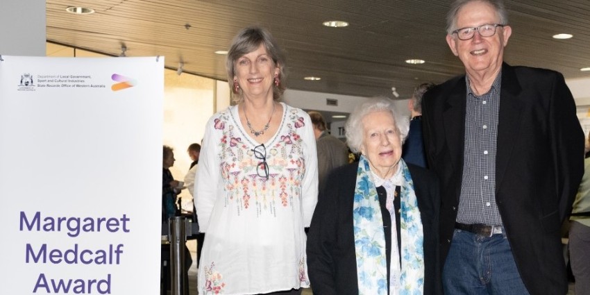 Award winners Caroline Ingram (left), Max Angus (right) with Ms Margaret Medcalf