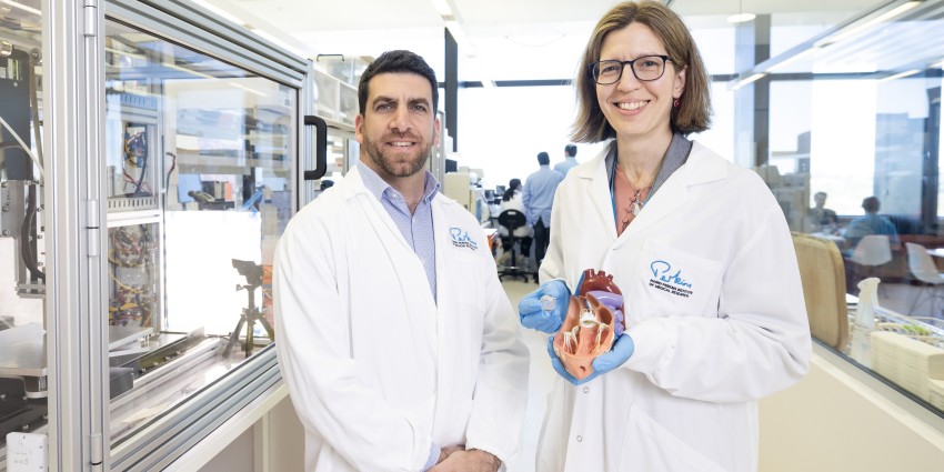 one male and one female scientists standing in laboratory holding a synthetic heart