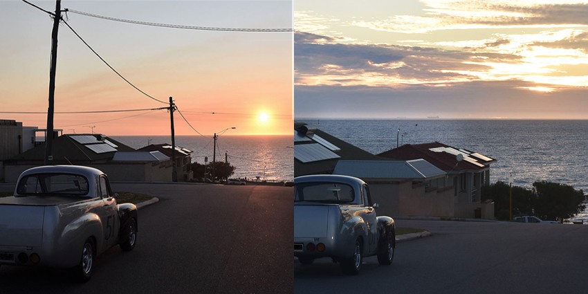 Underground Power before and after shot. Overhead electricity poles have been removed from a street that slops toward the ocean. The sun sets on the horizon, spilling its last rays into the vast ocean. Roofs dotted with solar panels hum soft glows, there is a calmness that begs the question “How can this sea side residential life truly exist?” What was sacrificed to get here?  Does the calm in the last light of the day echo within the walls of the houses? Maybe; the wind whispers, maybe.