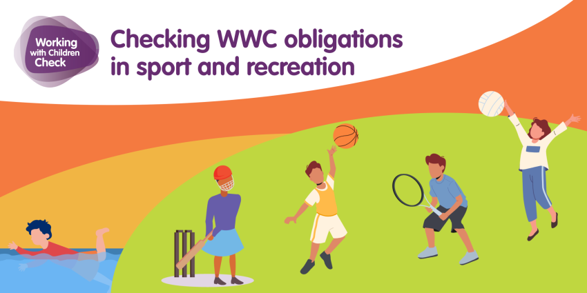 graphical image of children playing sport and the words Checking Working with Children Check obligations in sport and recreation