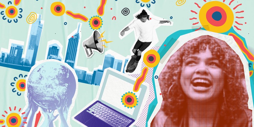 colourful graphic featuring a smiling young woman, the sun, a laptop, the city skyline and a young man on a skate board