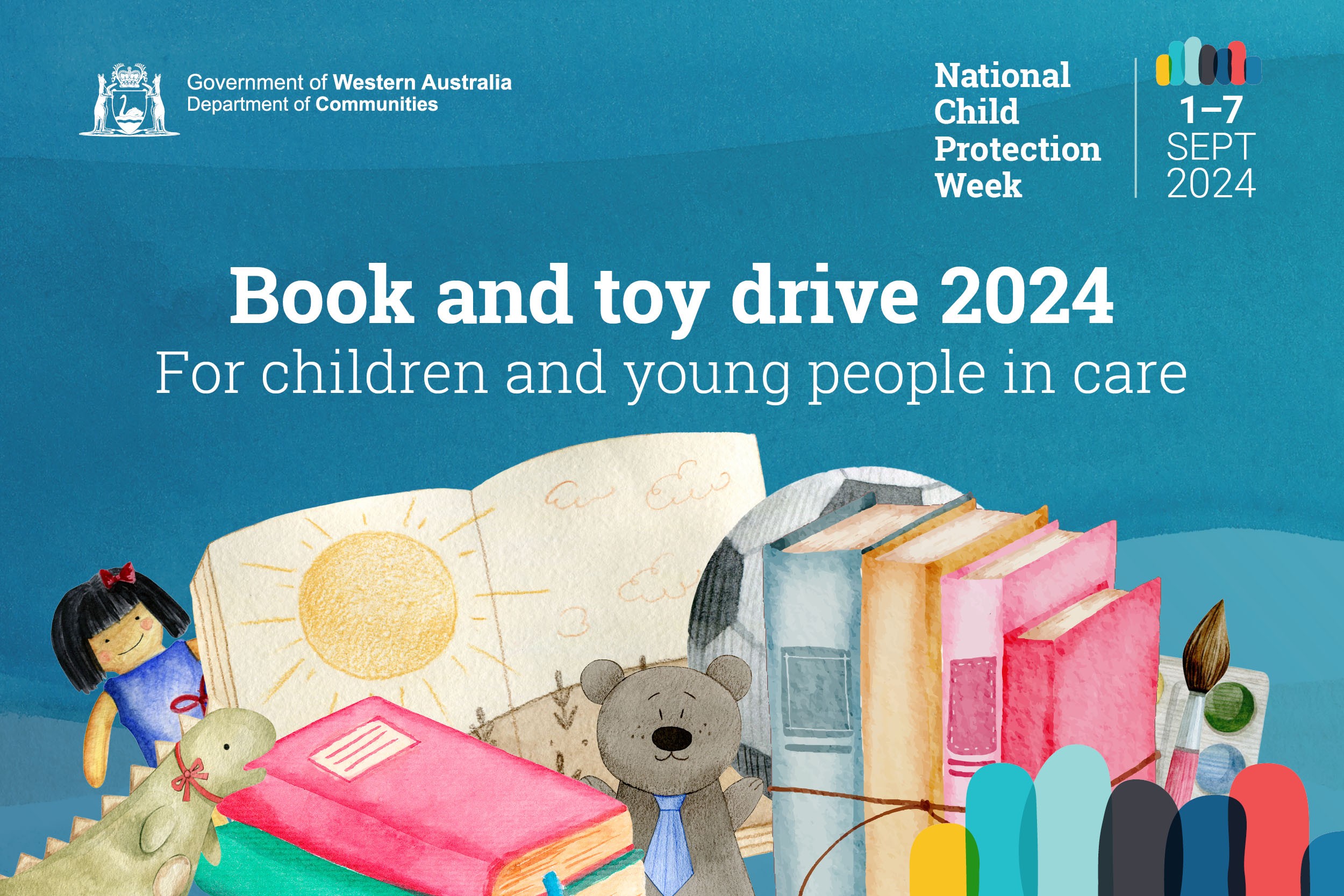 A colourful graphic with the words "Book and toy drive 2024, for children and young people in care" and pictures of a variety of toys.