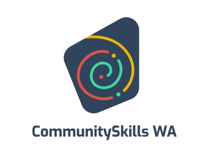 Community Skills WA logo map of WA with blue background and green red and yellow swirls