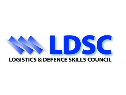 Logistics and defence skills council logo with blue text and three rectangles leaning to the left