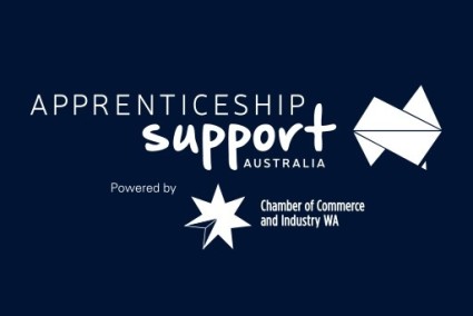 Dark blue background with whit text reading Apprenticeship Support Australia Powered by Chamber of Commerce and Industry WA with an outline map shape of of Australia and a seven pointed star