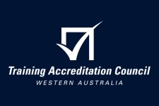 Dark blue back ground with white tick surrounded by a white box in the middle with Training Accreditation Council Western Australia in white text underneath